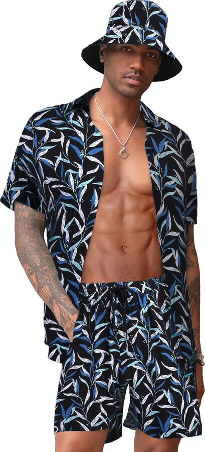 COOFANDY Men's Hawaiian Shirt and Short Set Flower 2-Pieces Beach ...
