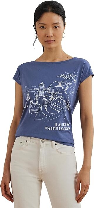 Lauren Ralph Lauren Cotton-blend Jersey Graphic T-Shirts Women's T Shirt Capri Blue : LG, Cotton/Modal