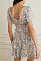 Thumbnail for your product : Self-Portrait Tiered Metallic Embroidered Tulle Mini Dress - Silver