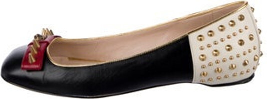 Gucci Leather Ballet Flats Black, Gold & White Colorblock Pattern Spike Accents & Tiger Head Accent Studded & Bow Accents Round-Toes Includes Box & Dust Bag Designer