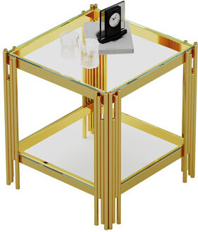 Everly Quinn Top And Bottom Double Layer Tempered Glass End Table And Mirror Finished Stainless Steel Frame