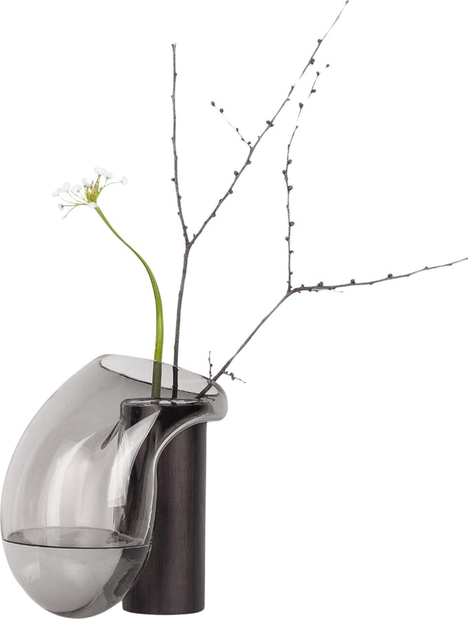 Contemporary Vase 'gutta Boon Cs3' By Noom, Large, Blown Grey Glass And Oak