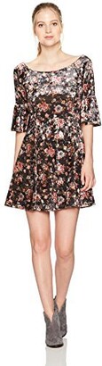 Angie Women's Floral Crushed Velvet Skater Dress with 1/2 Bell Sleeves