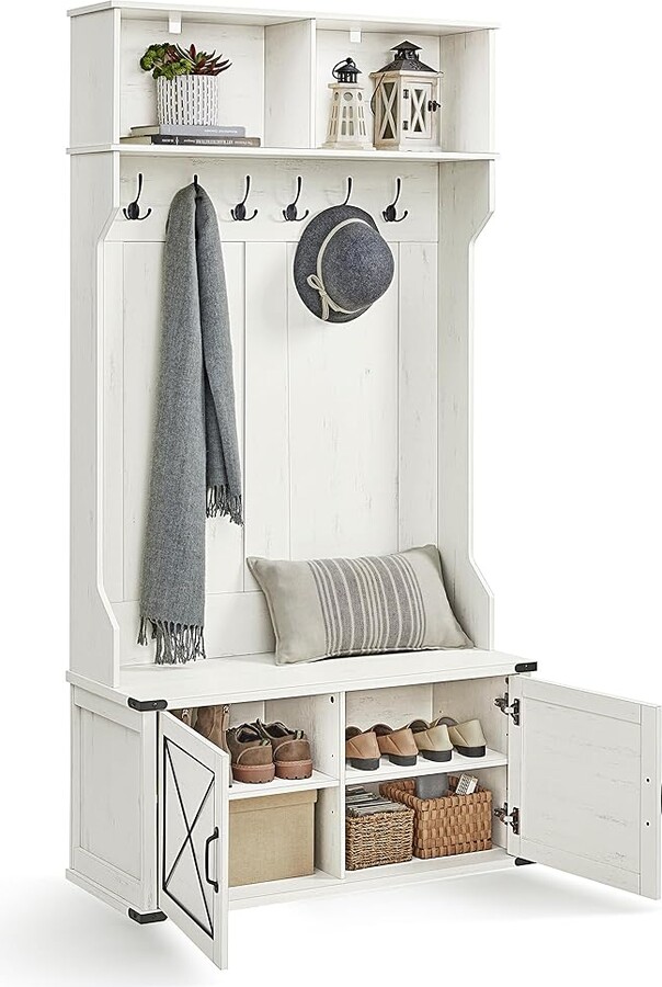 Hall Tree With Bench And Shoe Storage, Coat Ra With Shoe Bench, Shoe Cabinet, 2 Open Compartments, 6 Tri-Hooks, Entryway,