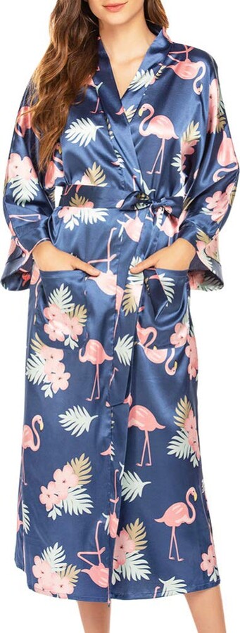 VALICLUD Kimono Robe Women Silk Robe Long Sleeve Flamingo Print