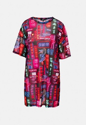 Missguided Printed Neon Sign Mesh Oversized T Shirt Dress
