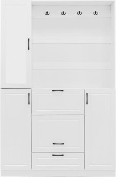 51.1'' Entryway Bench with Integrated Shoe Cabinet , 3-in-1 Design and Mirrored Cabinet Door, Hall Tree with 4 Sturdy Hooks and Foldable Seat for Entr