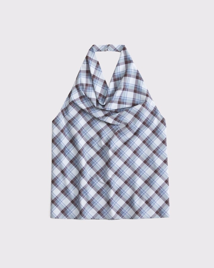 Abercrombie & Fitch Women's Funnel Neck Draped Top in Blue Plaid - Size L