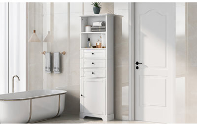 Red Barrel Studio White Tall Storage Cabinet With 3 Drawers And Adjustable Shelves For Bathroom, Kitchen And Living Room, MDF Board With Painted Finish