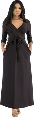 Stylish FABRIC Women's Surplice Neckline Satin Maxi 3/4 Sleeve with Side Pocket for Prom