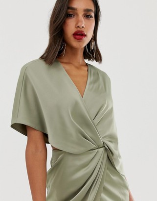 asos design satin kimono midi dress with knot front and asymmetric sleeve