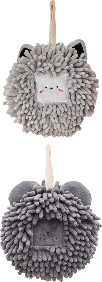 Unique Bargains 2 Pcs Chenille Ball Hanging Hand Towel 7" x 7" Dark Grey/Light Grey