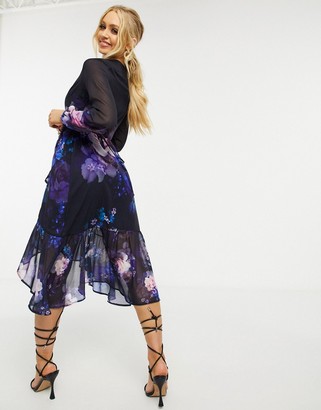 Lipsy wrap midi dress with dark floral placement print in navy