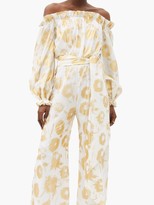 Thumbnail for your product : Halpern Metallic-print Off-the-shoulder Cotton Jumpsuit - White Gold
