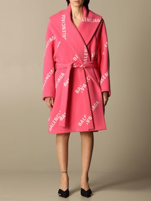 Balenciaga Wrap Coat In Wool With All Over Logo - ShopStyle