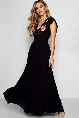 boohoo NEW Womens Embroidered Ruffle Hem Maxi Dress in Polyester