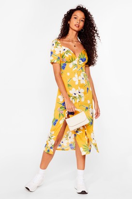 Nasty Gal Womens Floral Puff Sleeve Summer Midi Dress - Yellow - 4, Yellow