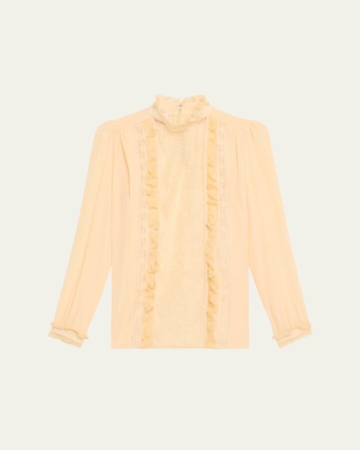 Valentino Garavani High-Neck Ruffle Lace-Bib Silk Blouse
