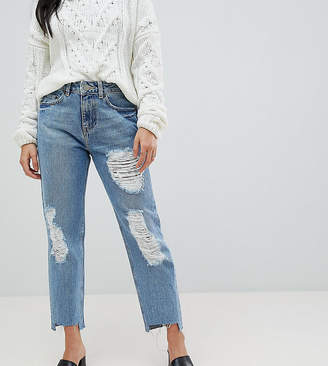 ASOS Petite Original Mom Jean In Phoebe Wash With Rips And Stepped Hem