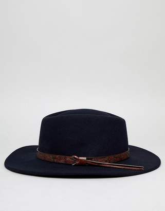 ASOS Design DESIGN pork pie hat with wide brim in navy with tan embossed band detail