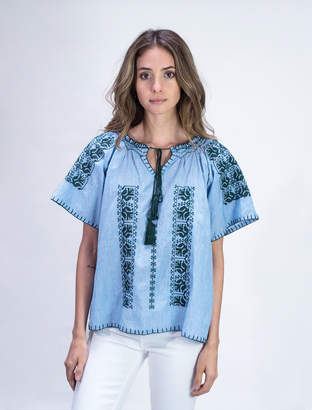M Blue Rose & Rose - Amos Cross Stitch Embroidered Top - M - Blue