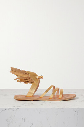 Ancient Greek Sandals Victory Of Samothrace Feather-embellished Metallic Leather Sandals - Gold