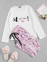 Thumbnail for your product : Shein Letter & Facing Print Tee & Pants PJ Set