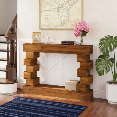 Latitude Run Geometric Block Stacked Wood Console Table,Perfect for Modern and Cozy Interiors