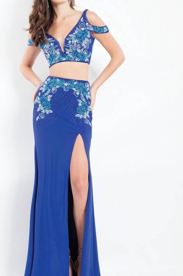 RACHEL ALLAN Beaded Jersey Two-Piece Gown With Slit In Royal