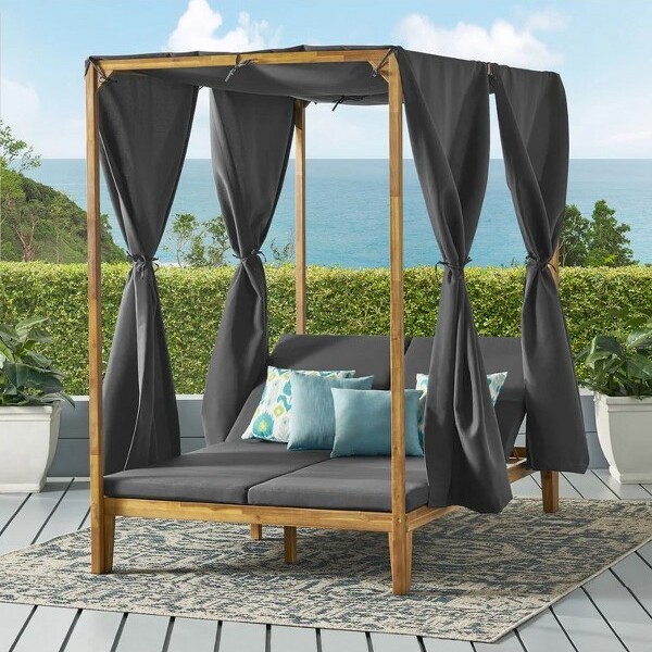 HBEZON OutdoorDaybedwithWater-ResistantCurtainsandAdjustableChaiseLounges