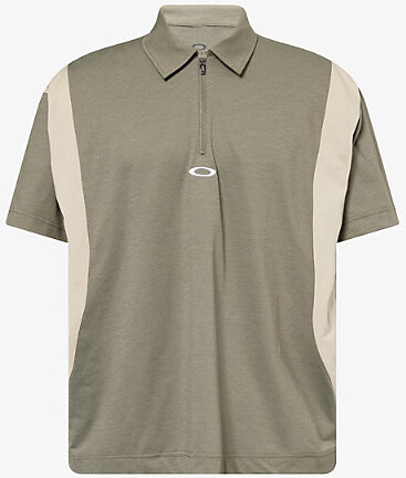 Mens Worn Olive Training Embroidered-Logo Jersey Polo Shirt L