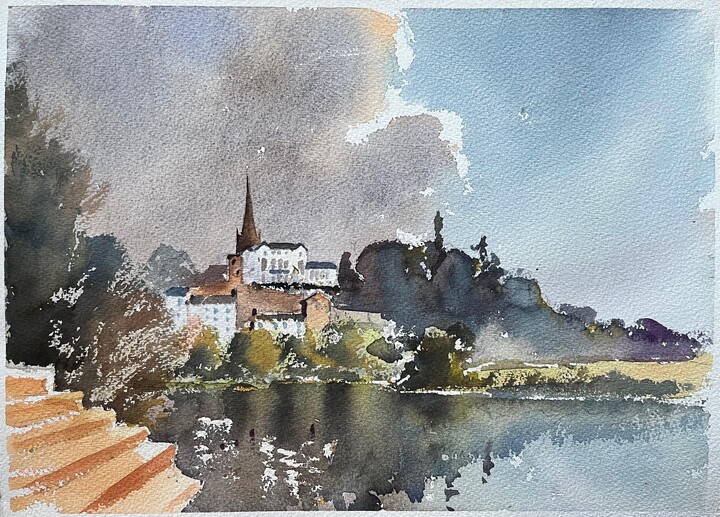 Anthony Avery, British Impressionist Watercolor of a Charming Riverside Village with Church