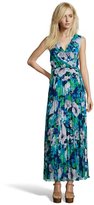 Thumbnail for your product : Donna Morgan blue and green floral printed pleated chiffon mock wrap maxi dress