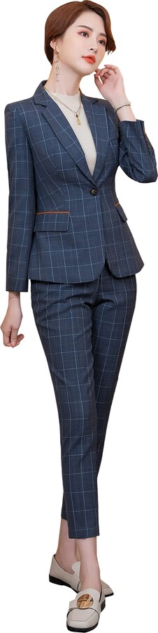 SUSIELADY Women's Two Pieces Blazer Suits Plaid Pants Set for Women Casual  Business Office Lady Suits Set (Blue - ShopStyle