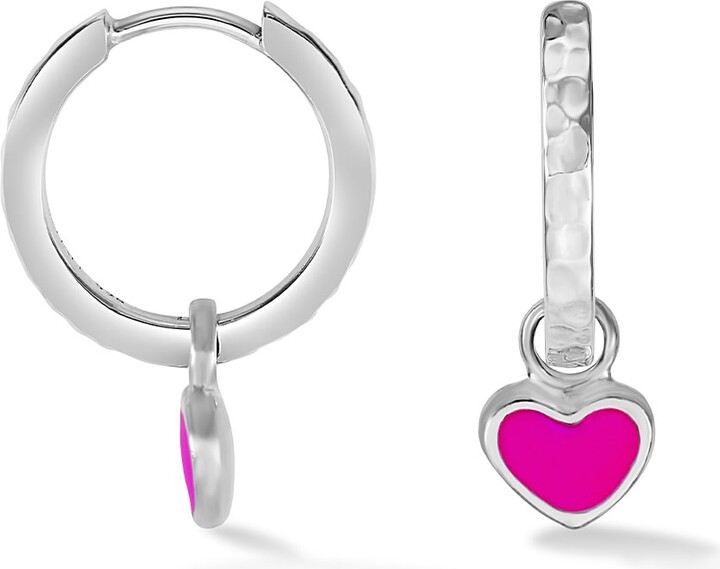 Dower & Hall Silver / Pink Pink Enamel Narrative Heart Huggie Hoops In Sterling Silver