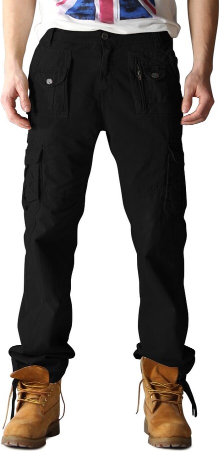 OCHENTA Men's Cotton-Washed Casual Cargo Trousers #3380 Black Size 34 ...