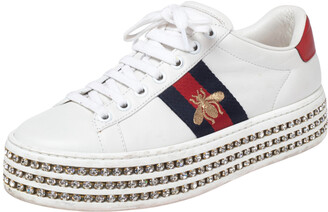 Gucci White Leather And Bee Web Detail New Ace Crystal Embellished Platform  Sneakers Size 35 - ShopStyle