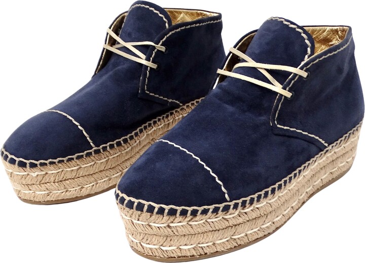 Prada Navy Blue Suede Platform Espadrille Ankle Boots