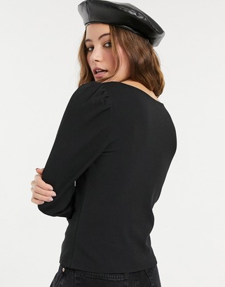Pieces long sleeve top with ruched front in black
