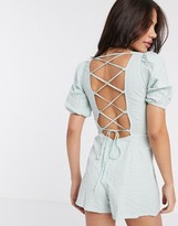 Thumbnail for your product : ASOS DESIGN seersucker lace up back playsuit in mint