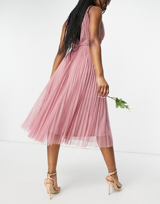 ASOS DESIGN belted pleated tulle cami midi dress in rose - ShopStyle