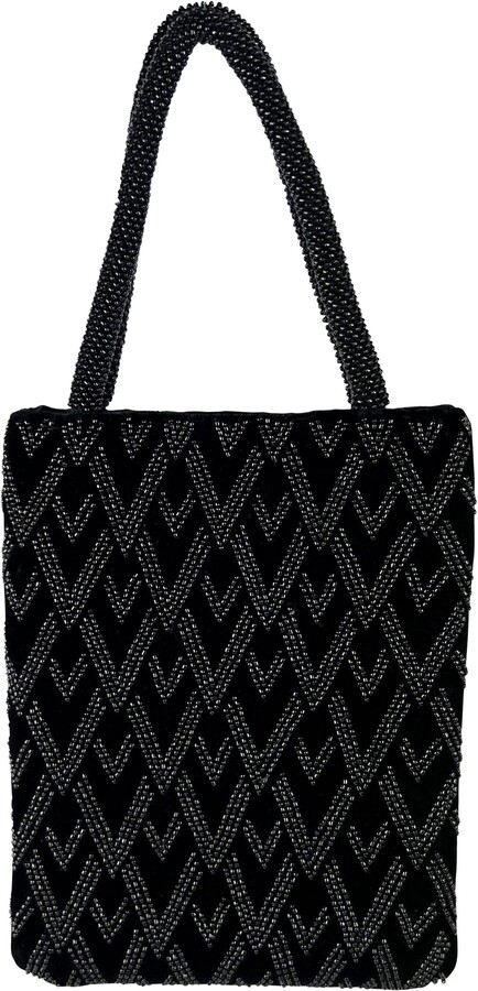 1990s Valentino Garavani 'les Sacs' Black Velvet Beaded 'v' Logo Mini Bag