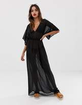 Thumbnail for your product : ASOS Design DESIGN kimono sleeve tie back chiffon maxi beach dress in black