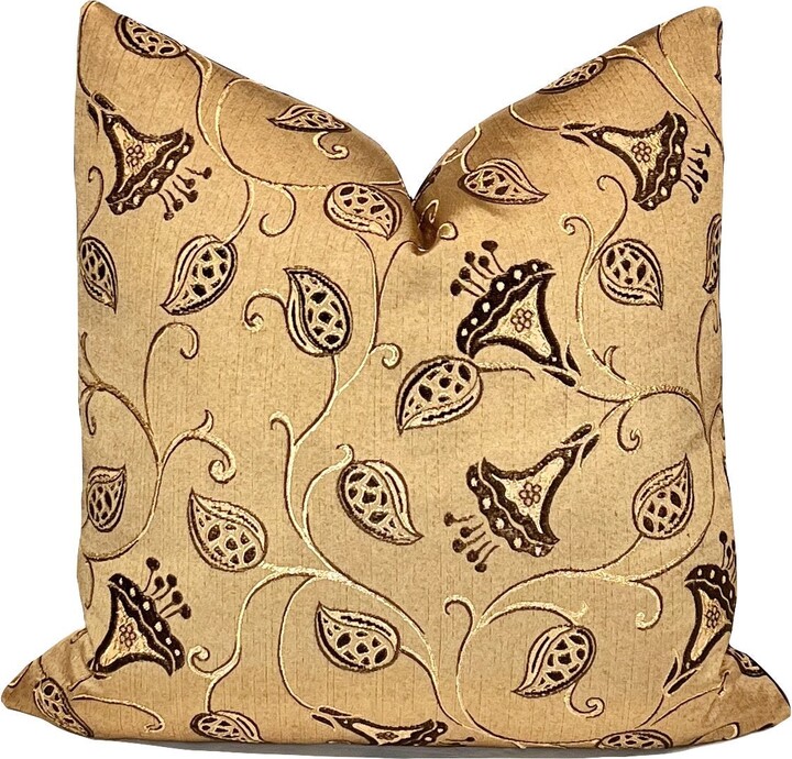 Brown Gold Chenille Floral Pillow Cover | Exceptional Hazelnut Designer Woven Home Decor Throw