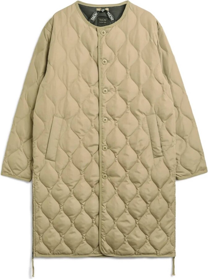 TAION Women's Military Crew Neck Down Long Jacket In Light Mocha