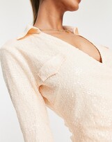 Thumbnail for your product : In The Style exclusive sequin plunge front collar detail mini wrap dress in champagne