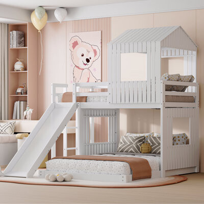 Wooden Twin Over Full Bunk Bed, Space-Saving Loft Bed With Playhouse, Farmhouse, Ladder, Slide And Guardrails