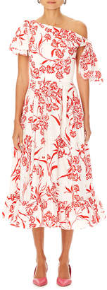Carolina Herrera Asymmetric Floral-Print Cotton Dress w/ Knot Detail