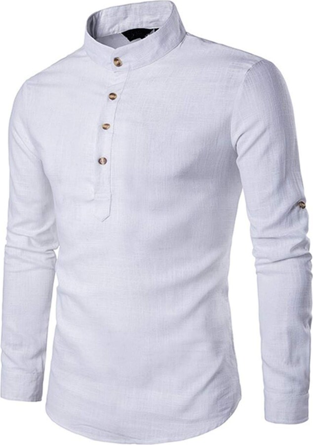 FreelyMen Unbalanced Hem Trim-Fit Button Stand Collar Solid Top Shirt