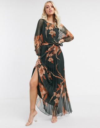 ASOS DESIGN blouson pleated maxi dress with self belt in floral print